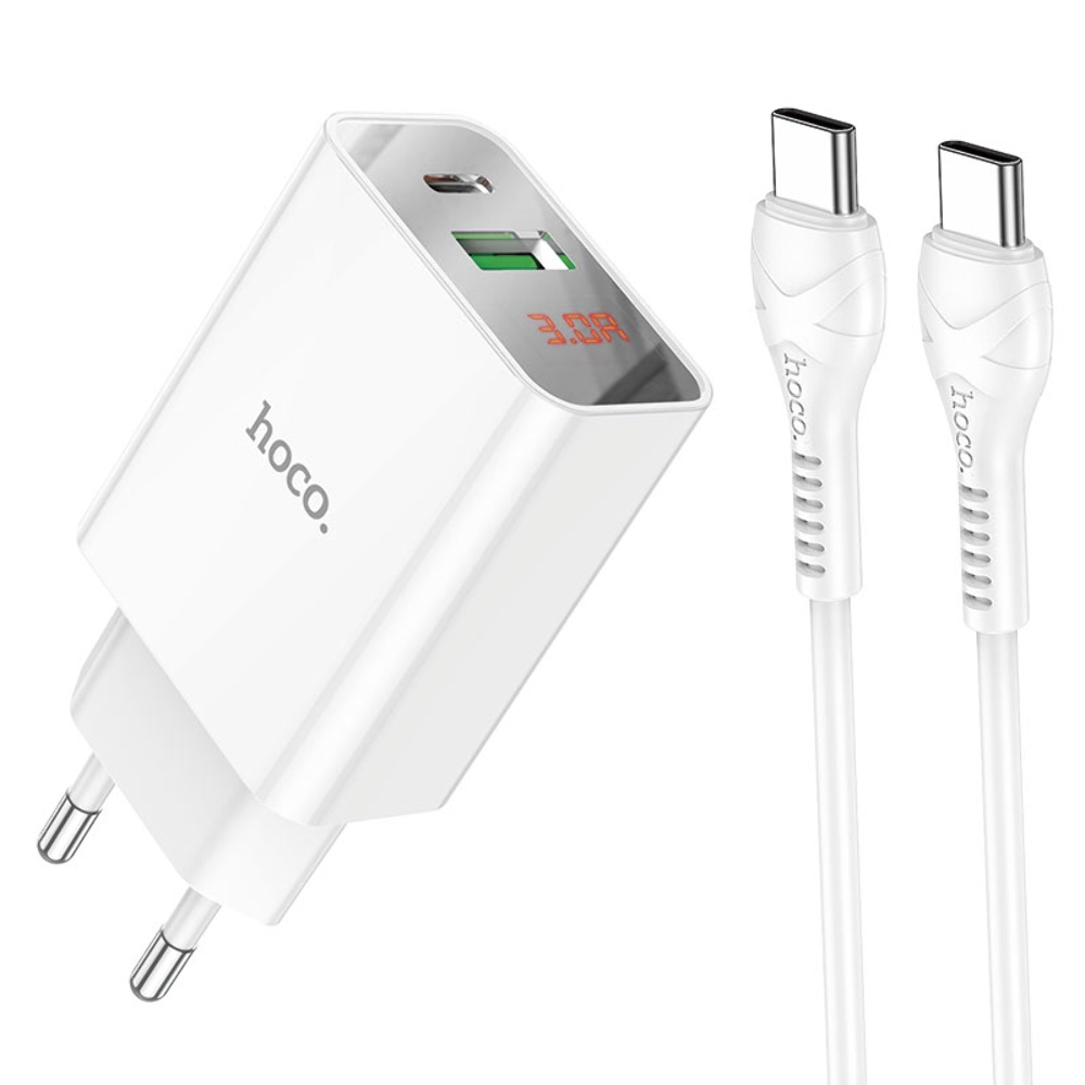 Сетевое зарядное устройство Hoco C100A USB/ Type-C QC PD 20W с дисплеем белое + кабель Type-C to Type-C