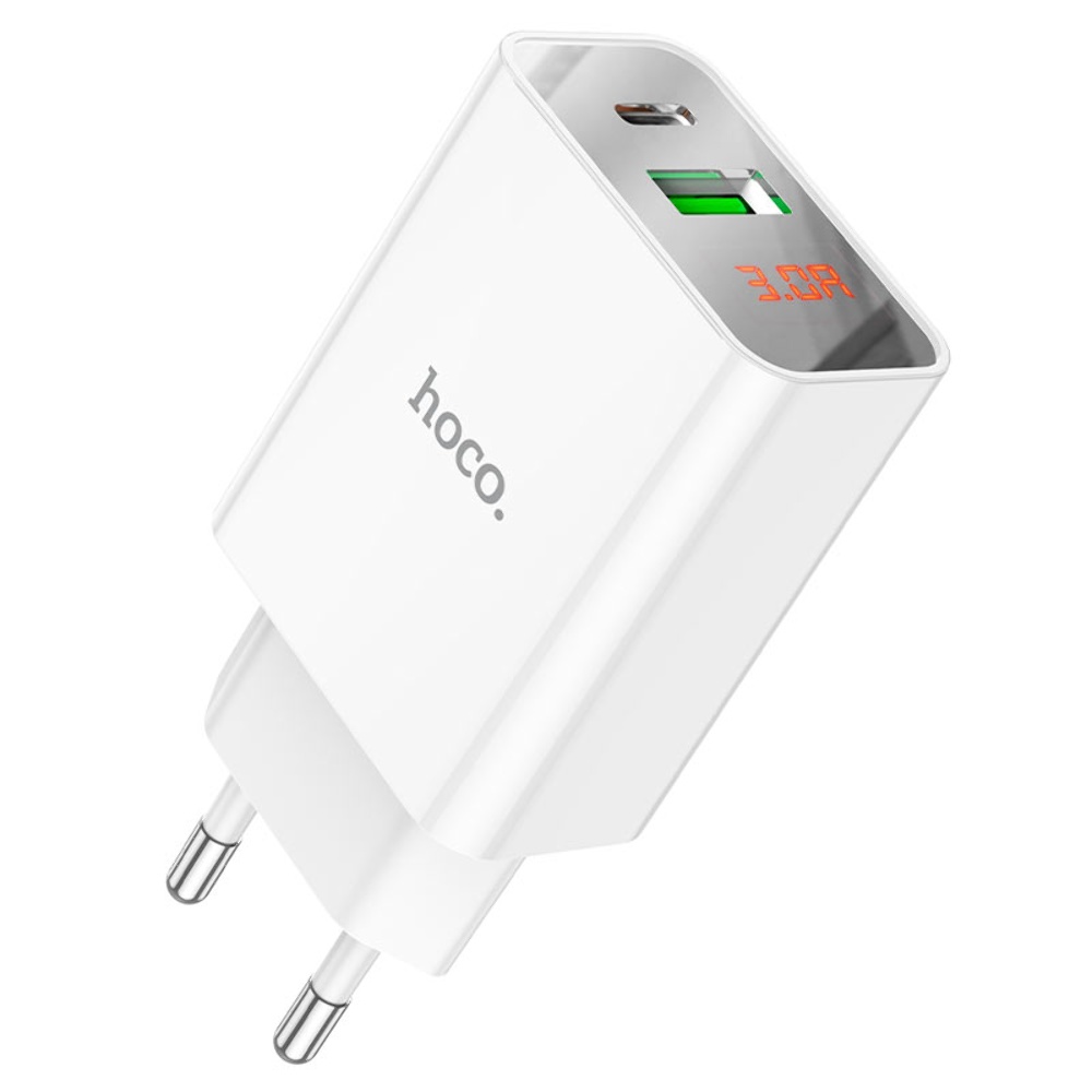 Сетевое зарядное устройство Hoco C100A USB/ Type-C QC PD 20W с дисплеем белое