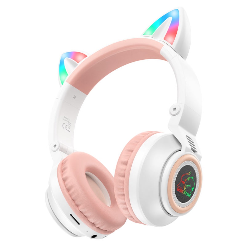 Беспроводные наушники Borofone BO18 Cat Ear накладные с ушками и LED подсветкой white