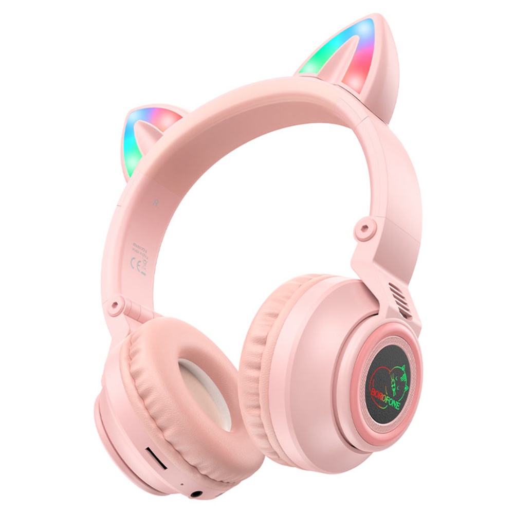 Беспроводные наушники Borofone BO18 Cat Ear накладные с ушками и LED подсветкой pink