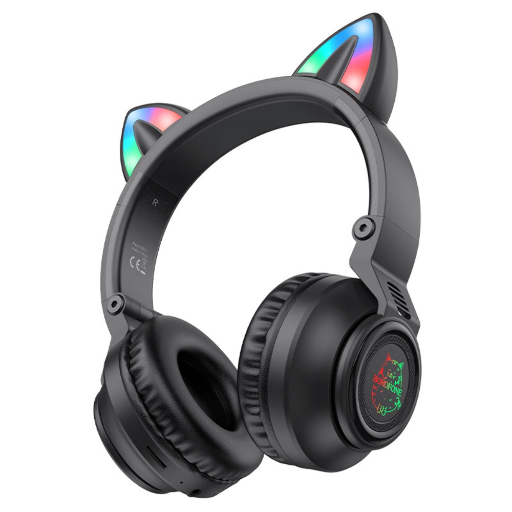 Беспроводные наушники Borofone BO18 Cat Ear накладные с ушками и LED подсветкой black