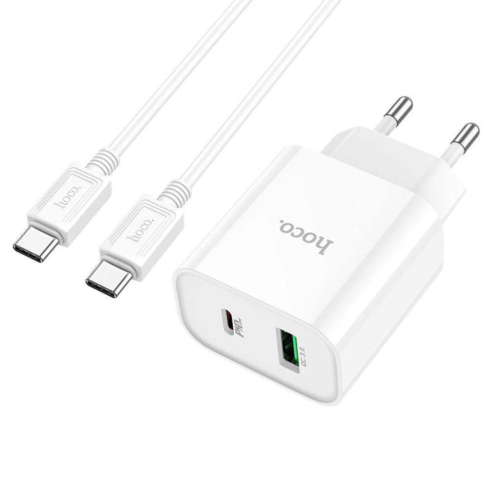 Сетевое зарядное устройство Hoco C80A Plus USB/ Type-C QC PD 20W белое + кабель Type-C to Type-C