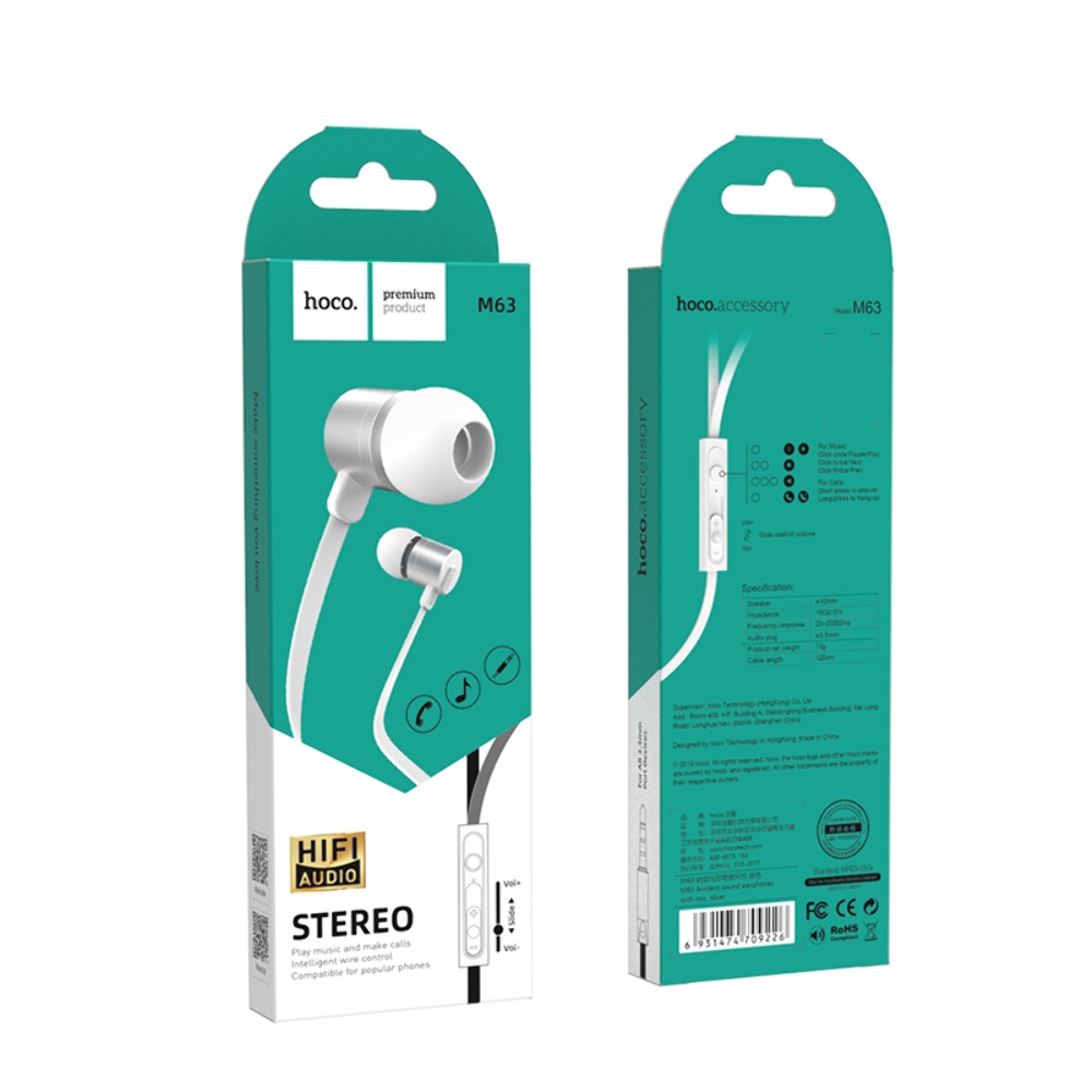 Наушники вакуумные Hoco M63 Jack 3.5 silver