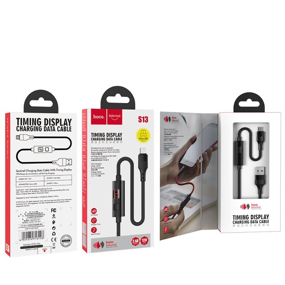 Кабель Hoco S13 с таймером USB to MicroUSB 1.2m black