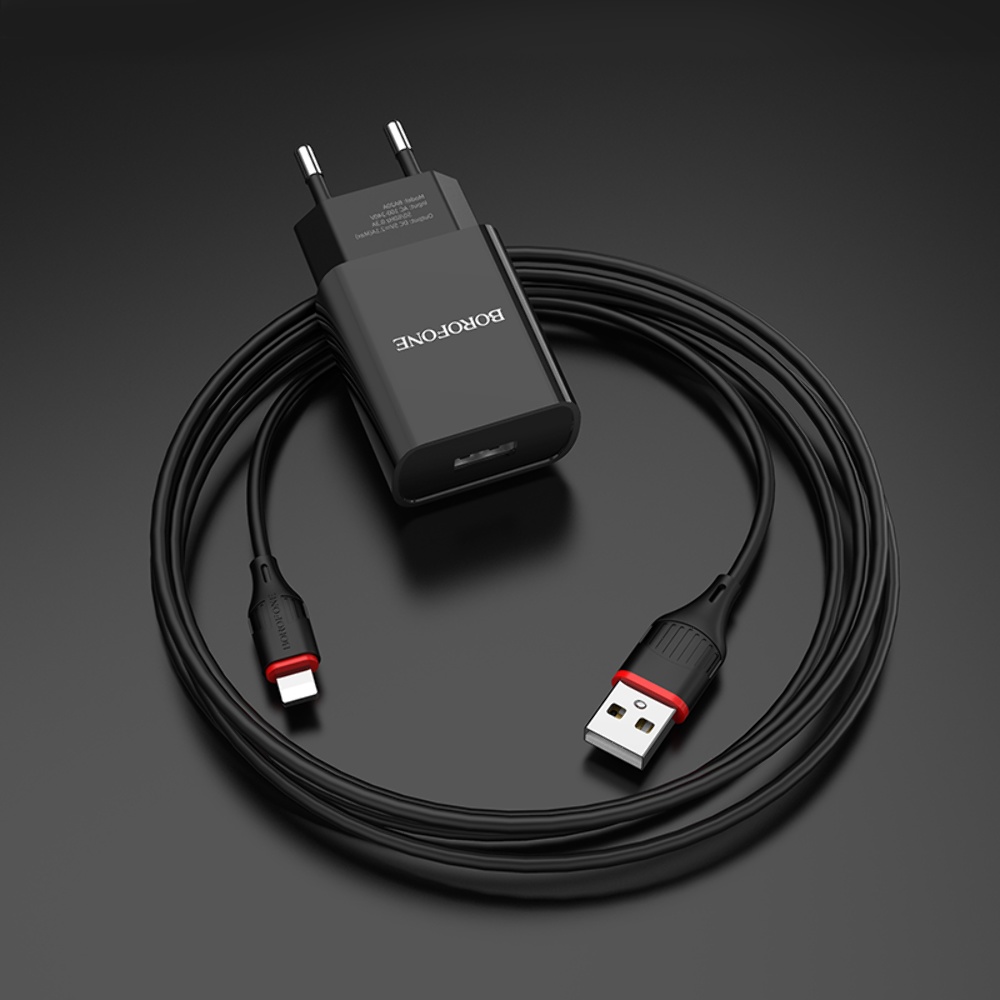 Сетевое зарядное устройство Borofone BA20A USB черное + кабель USB to Lightning