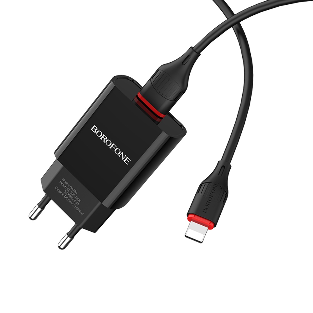 Сетевое зарядное устройство Borofone BA20A USB черное + кабель USB to Lightning