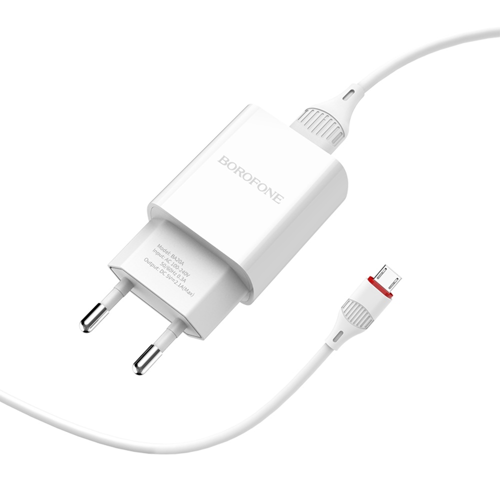 Сетевое зарядное устройство Borofone BA20A USB белое + кабель USB to MicroUSB