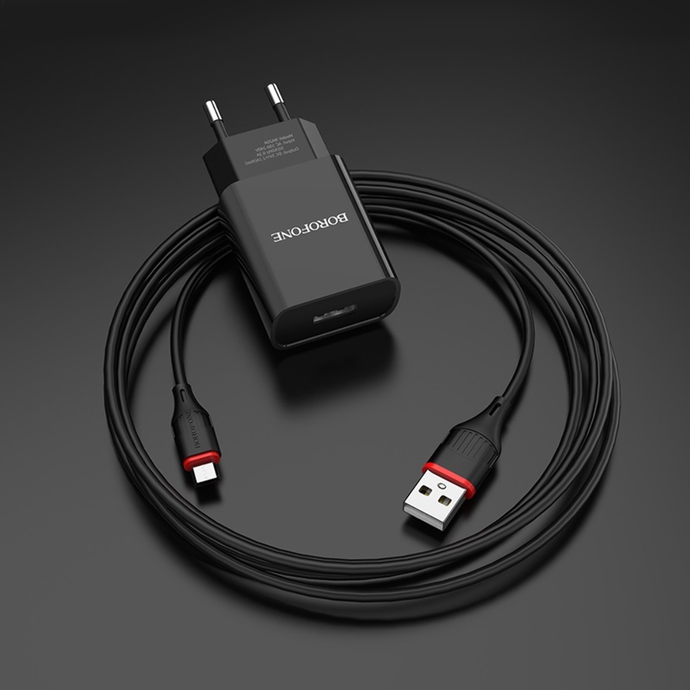Сетевое зарядное устройство Borofone BA20A USB черное + кабель USB to MicroUSB