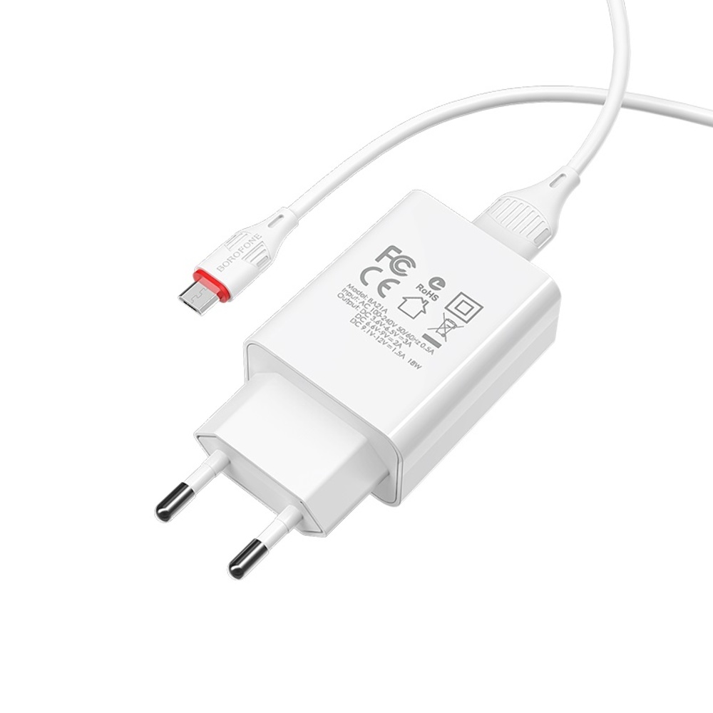 Сетевое зарядное устройство Borofone BA21A USB QC 18W белое + кабель USB to MicroUSB