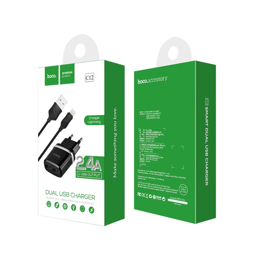 Сетевое зарядное устройство Hoco C12 2 USB черное + кабель USB to Lightning