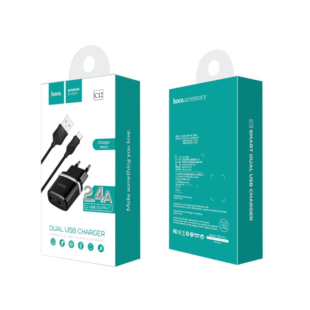 Сетевое зарядное устройство Hoco C12 2 USB черное + кабель USB to MicroUSB