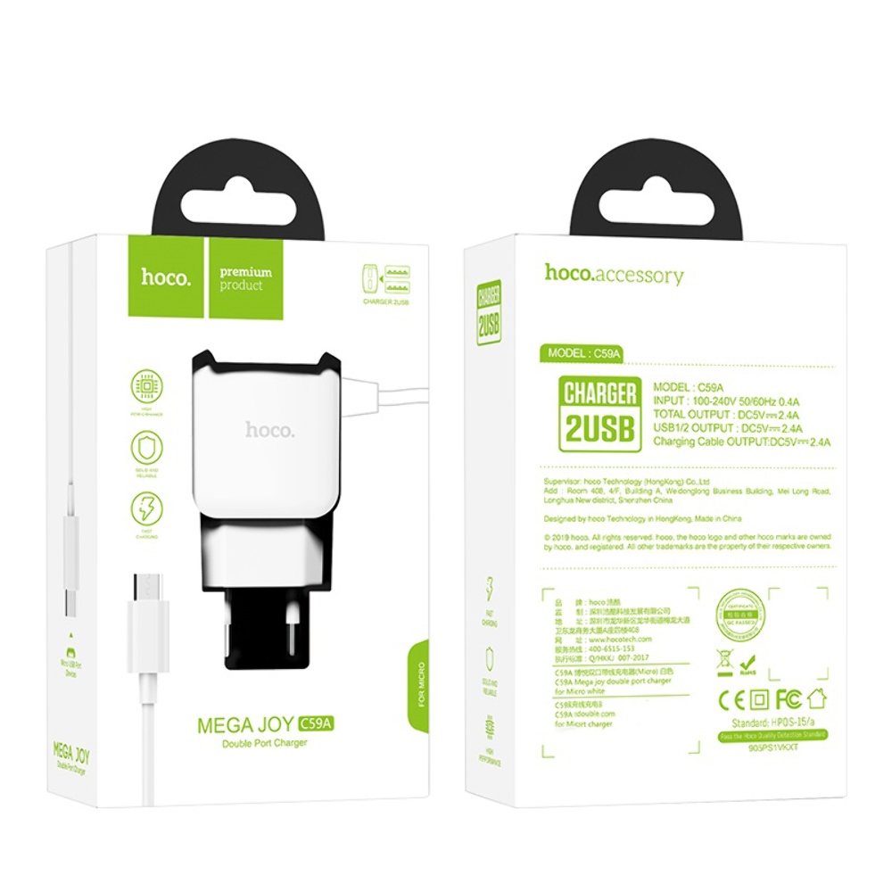 Сетевое зарядное устройство Hoco C59A 2 USB белое с кабелем MicroUSB