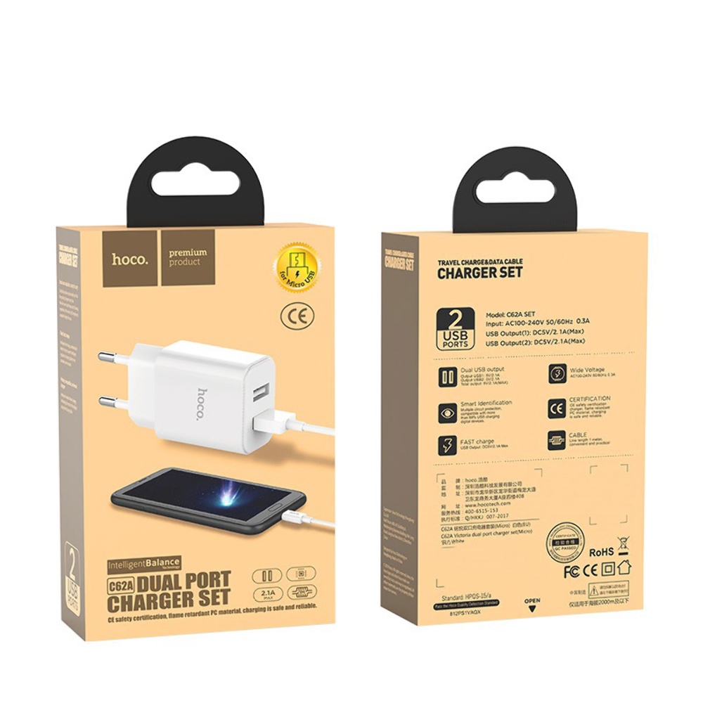 Сетевое зарядное устройство Hoco C62A 2 USB белое + кабель USB to MicroUSB