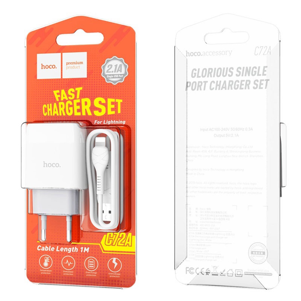Сетевое зарядное устройство Hoco C72A USB белое + кабель USB to Lightning