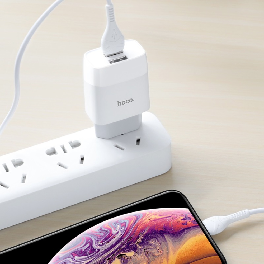 Сетевое зарядное устройство Hoco C73A 2 USB белое + кабель USB to Lightning