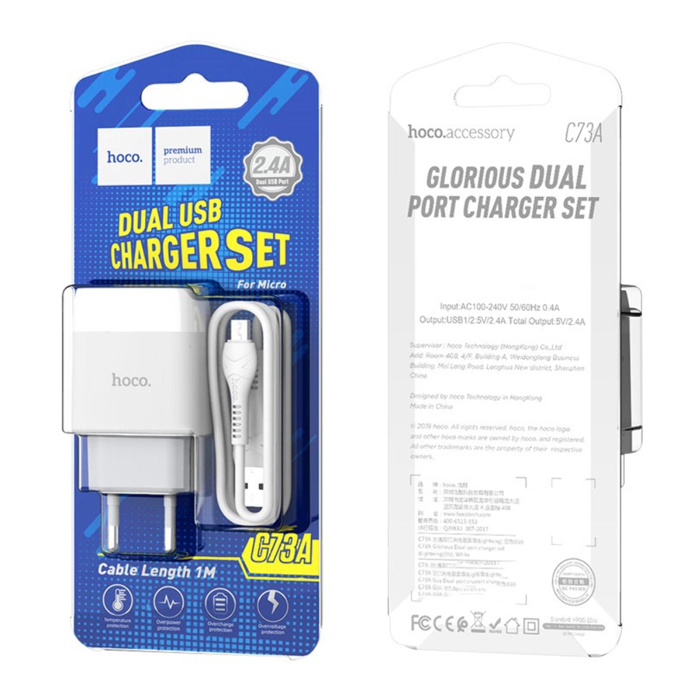 Сетевое зарядное устройство Hoco C73A 2 USB белое + кабель USB to MicroUSB