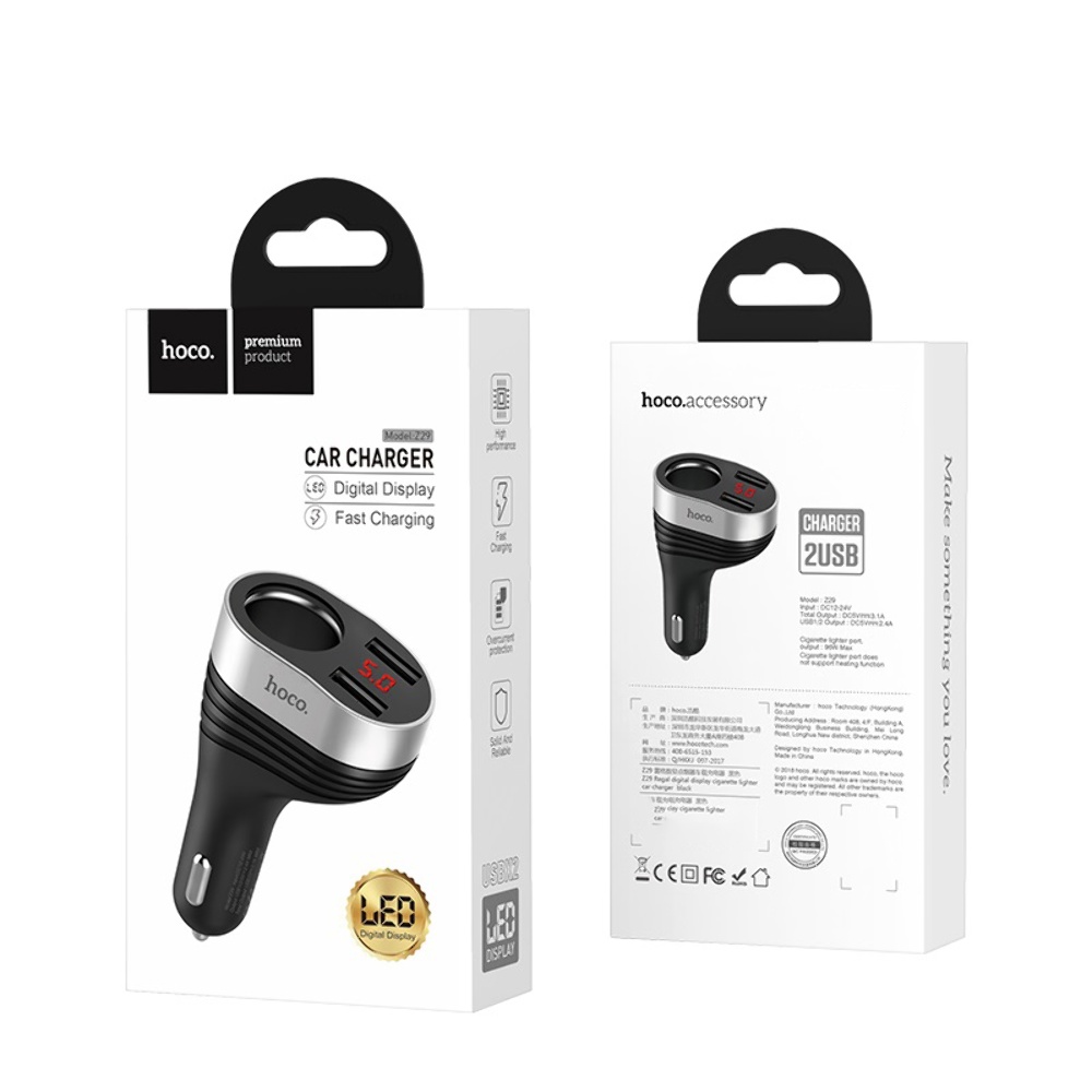 Автомобильное зарядное устройство Hoco Z29 2 USB/ разъем прикуривателя c дисплеем черное