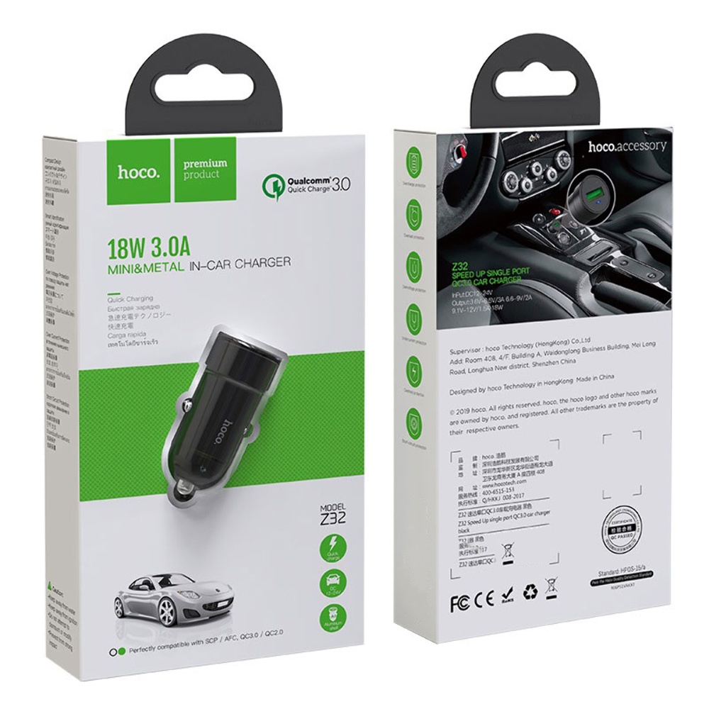 Автомобильное зарядное устройство Hoco Z32 USB QC 18W черное