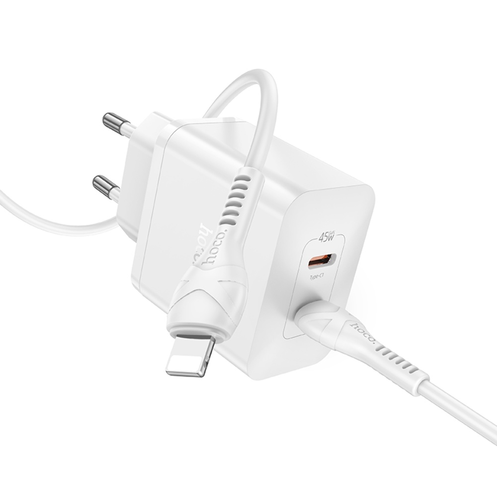 Сетевое зарядное устройство Hoco N35 2 Type-C PD 45W белое + кабель Type-C to Lightning