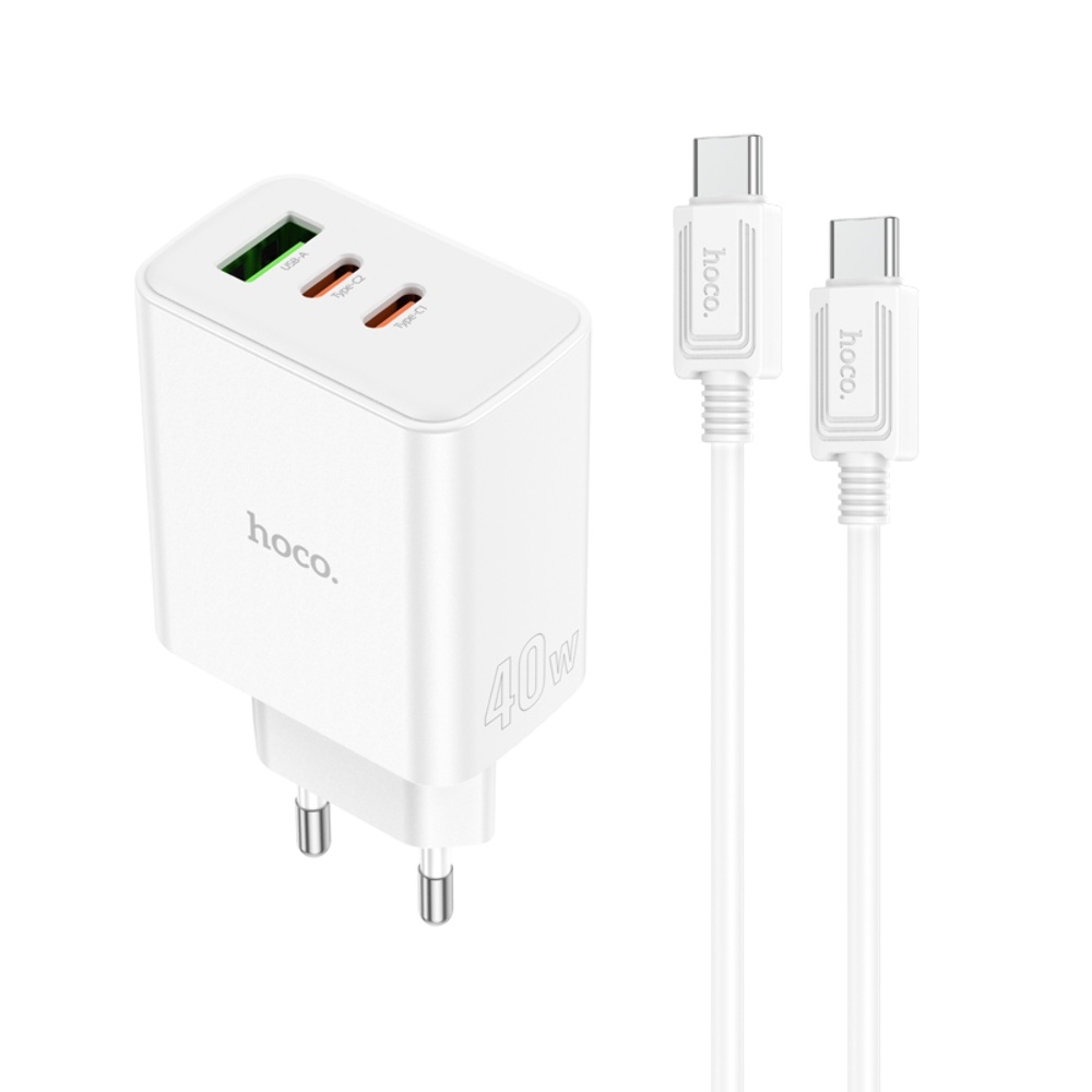 Сетевое зарядное устройство Hoco C126A USB/ 2 Type-C PD 40W белое + кабель Type-C to Type-C