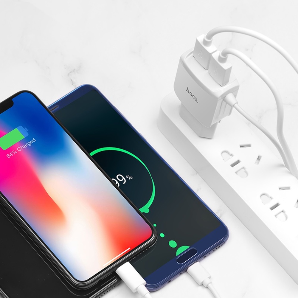 Сетевое зарядное устройство Hoco C59A 2 USB белое с кабелем Lightning