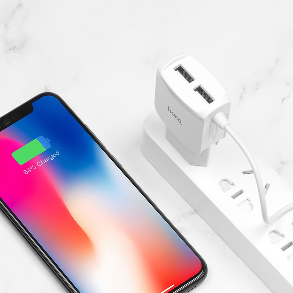 Сетевое зарядное устройство Hoco C59A 2 USB белое с кабелем Lightning