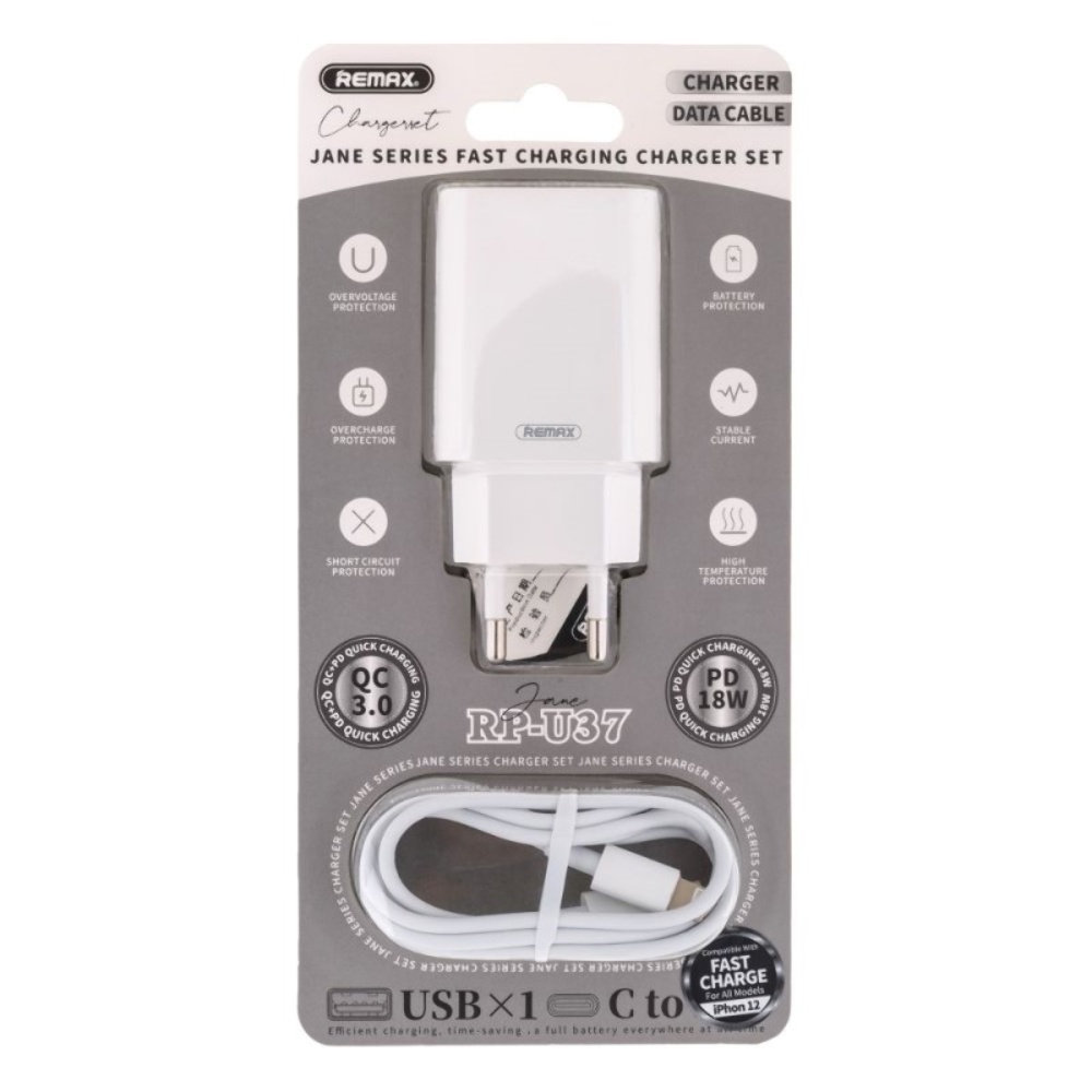 Сетевое зарядное устройство Remax RP-U37 USB/ Type-C QC PD белое + кабель Type-C to Lightning