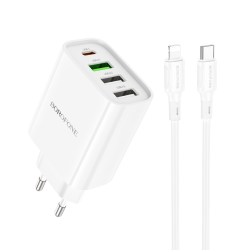 Сетевое зарядное устройство Borofone BA79A 3 USB/ Type-C белое 20W + кабель Type-C to Lightning Сетевое зарядное устройство Borofone BA79A 3 USB/ Type-C белое 20W + кабель Type-C to Lightning
