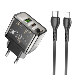 Сетевое зарядное устройство Hoco N34 USB/ Type-C QC PD 20W прозрачно-черное + кабель Type-C to Lightning