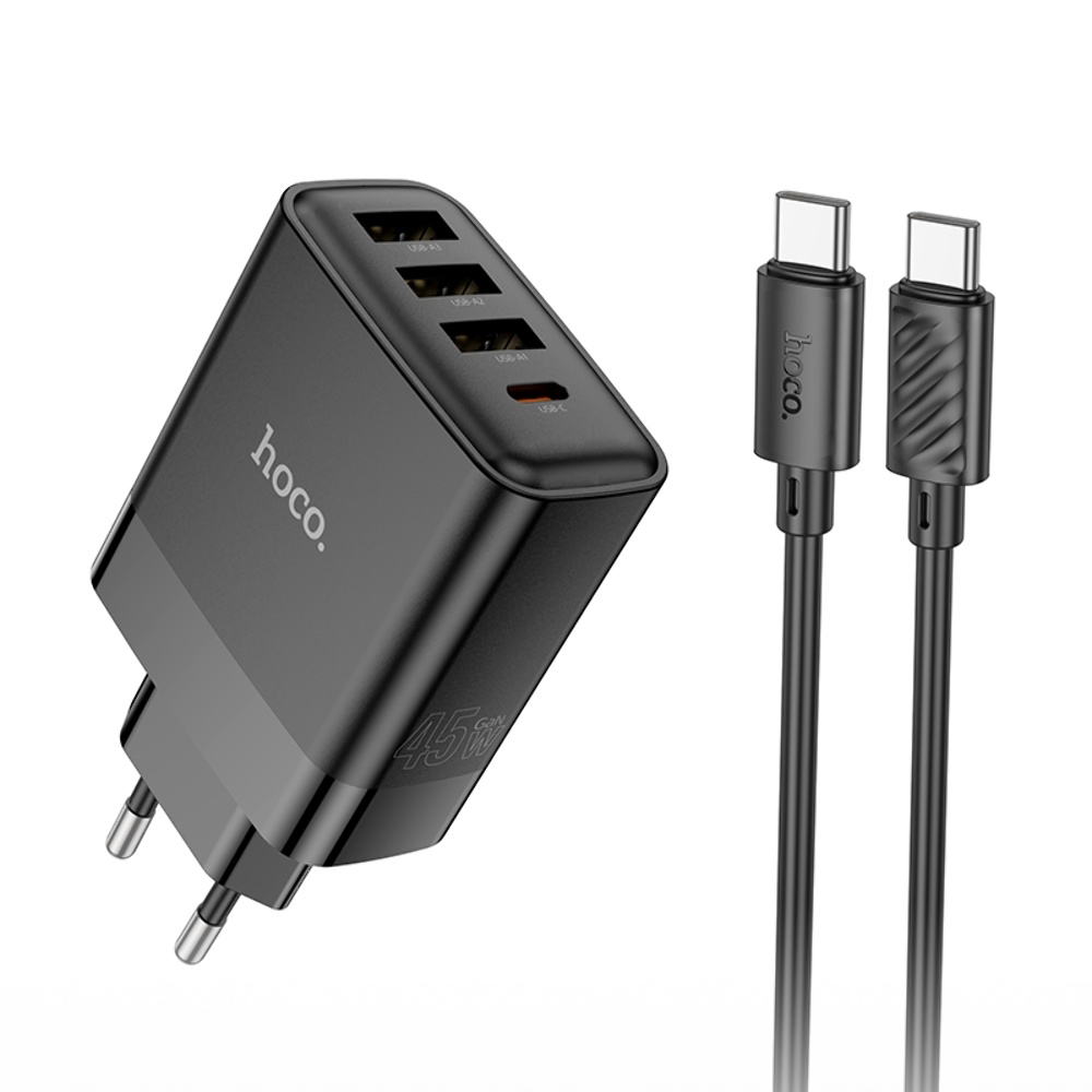 Сетевое зарядное устройство Hoco C127A 3 USB/ Type-C PD45W черное + кабель Type-C to Type-C