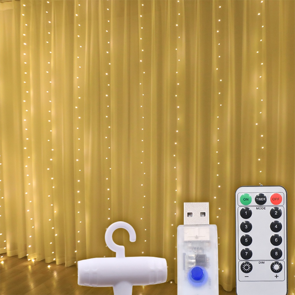 Светодиодная гирлянда USB штора, медная нить, теплый белый, 3x2 м, 8 режимов, с пультом