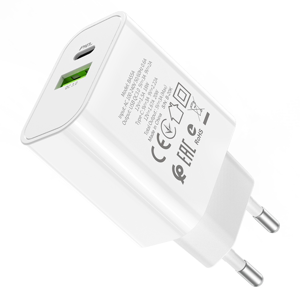Сетевое зарядное устройство Borofone BA55A USB/ Type-C QC PD 20W белое
