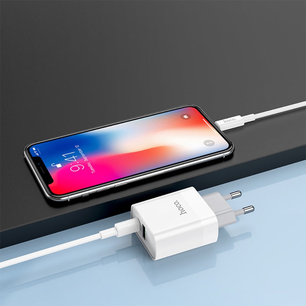 Сетевое зарядное устройство Hoco C80A USB/ Type-C QC PD 20W белое + кабель Type-C to Lightning