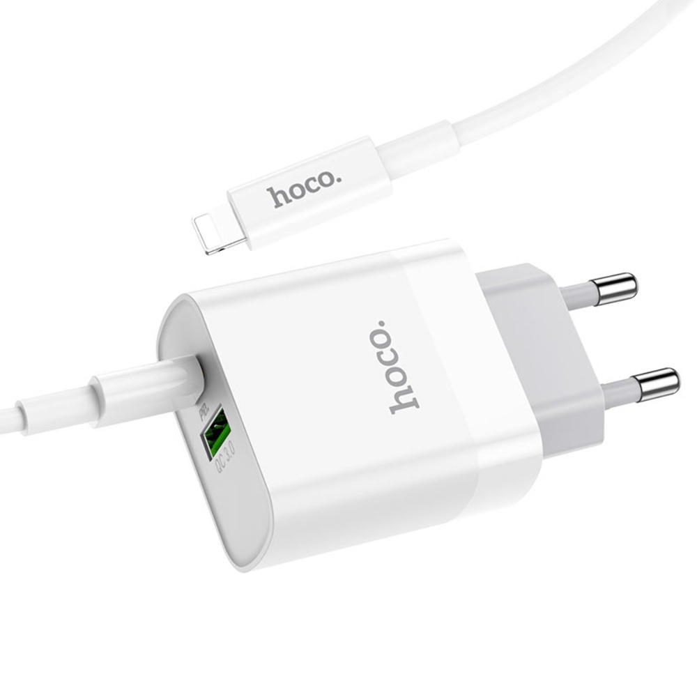 Сетевое зарядное устройство Hoco C80A USB/ Type-C QC PD 20W белое + кабель Type-C to Lightning