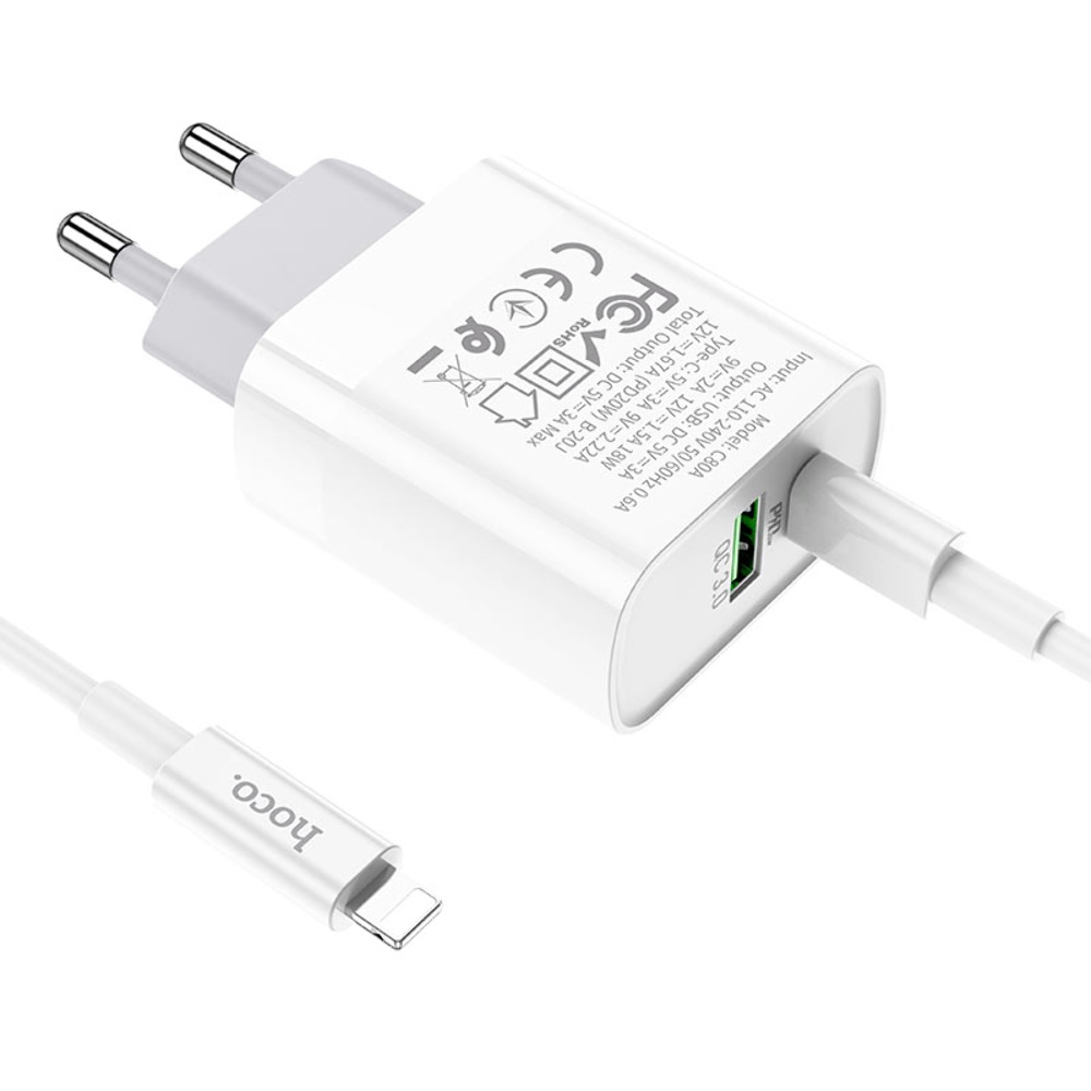Сетевое зарядное устройство Hoco C80A USB/ Type-C QC PD 20W белое + кабель Type-C to Lightning