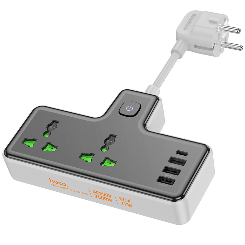 Сетевое зарядное устройство удлинитель Hoco AC11A 3 USB/ Type-C 2 розетки черное