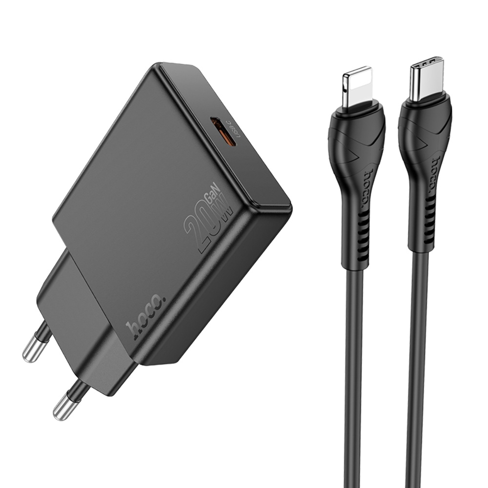 Сетевое зарядное устройство Hoco N37 Type-C PD 20W + кабель Type-C to Lightning черное