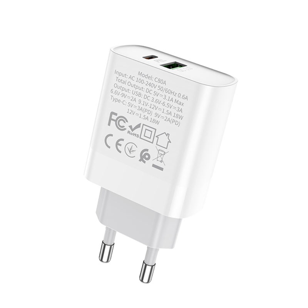 Сетевое зарядное устройство Hoco C80A USB/ Type-C QC PD 20W белое