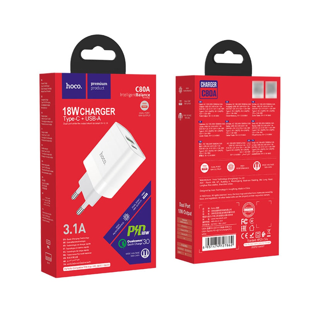 Сетевое зарядное устройство Hoco C80A USB/ Type-C QC PD 20W белое