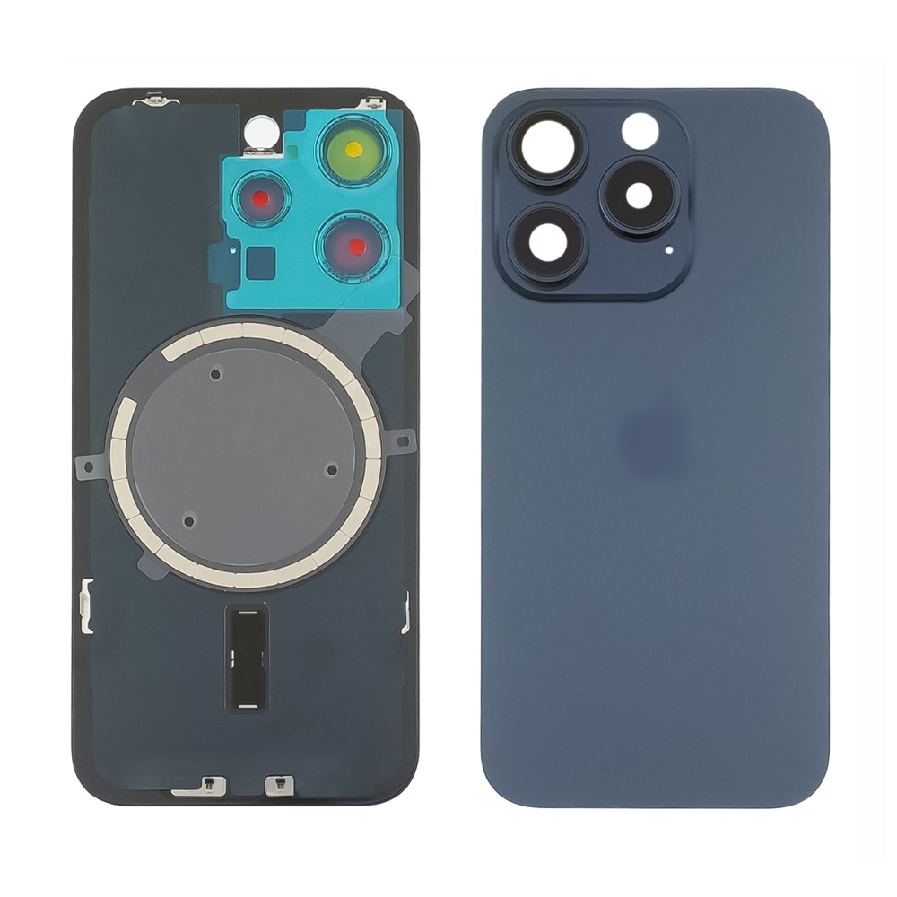 Заднее стекло корпуса для Apple iPhone 15 Pro Max Black Titanium (чёрное) с рамкой и стеклом камеры