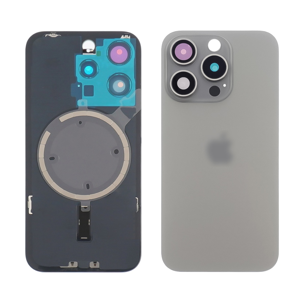Заднее стекло корпуса для Apple iPhone 15 Pro Natural Titanium (серое) с рамкой и стеклом камеры