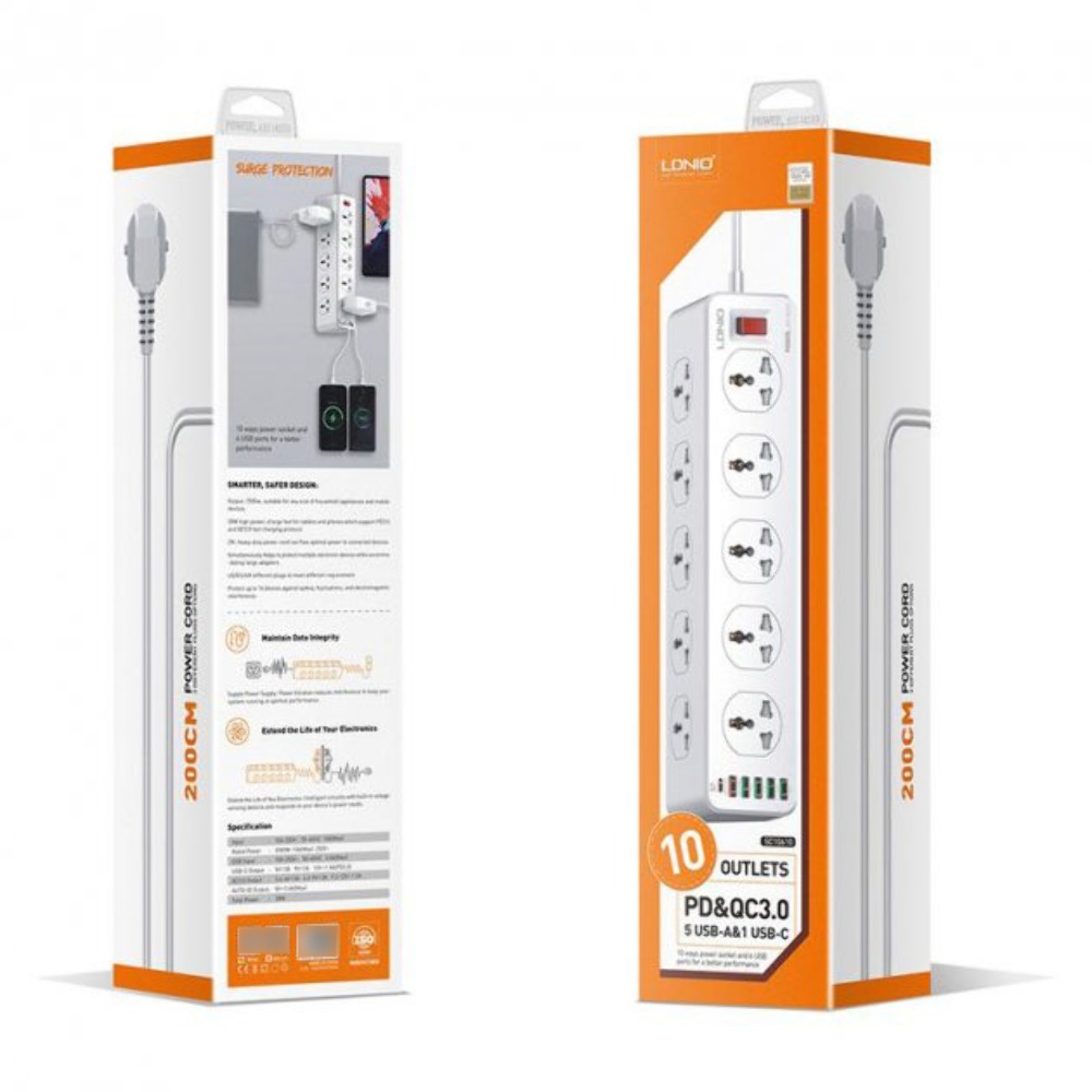Сетевое зарядное устройство удлинитель Ldnio SC10610EU 5 USB/ Type-C QC PD 10 розеток 2m серо-белый