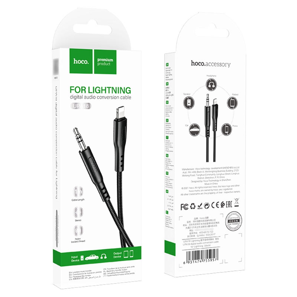 AUX кабель Hoco UPA18 Lightning to Jack 3.5 1m черный
