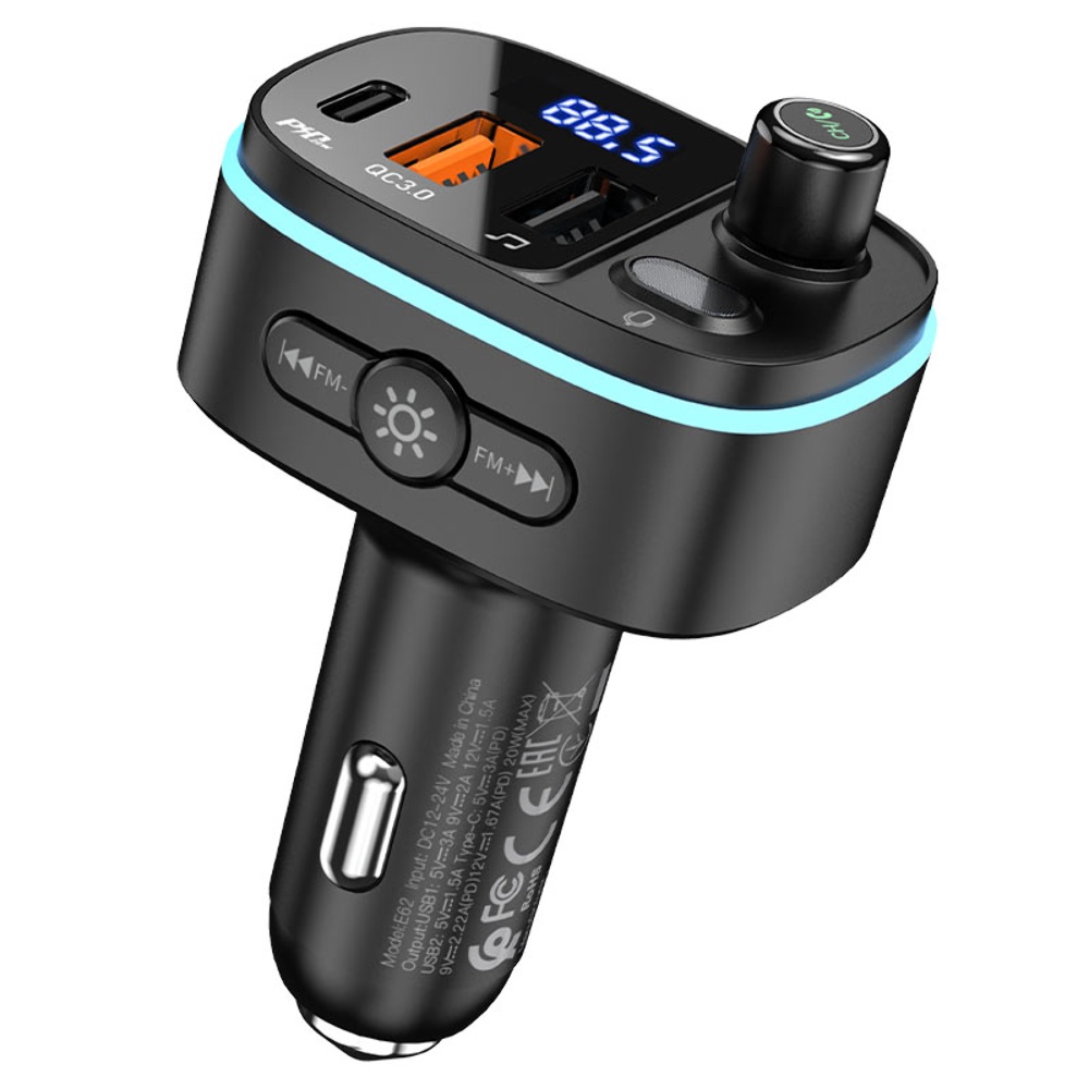 Автомобильное зарядное устройство Hoco E62 2 USB/ Type-C QC PD 20W c FM-модулятором черное