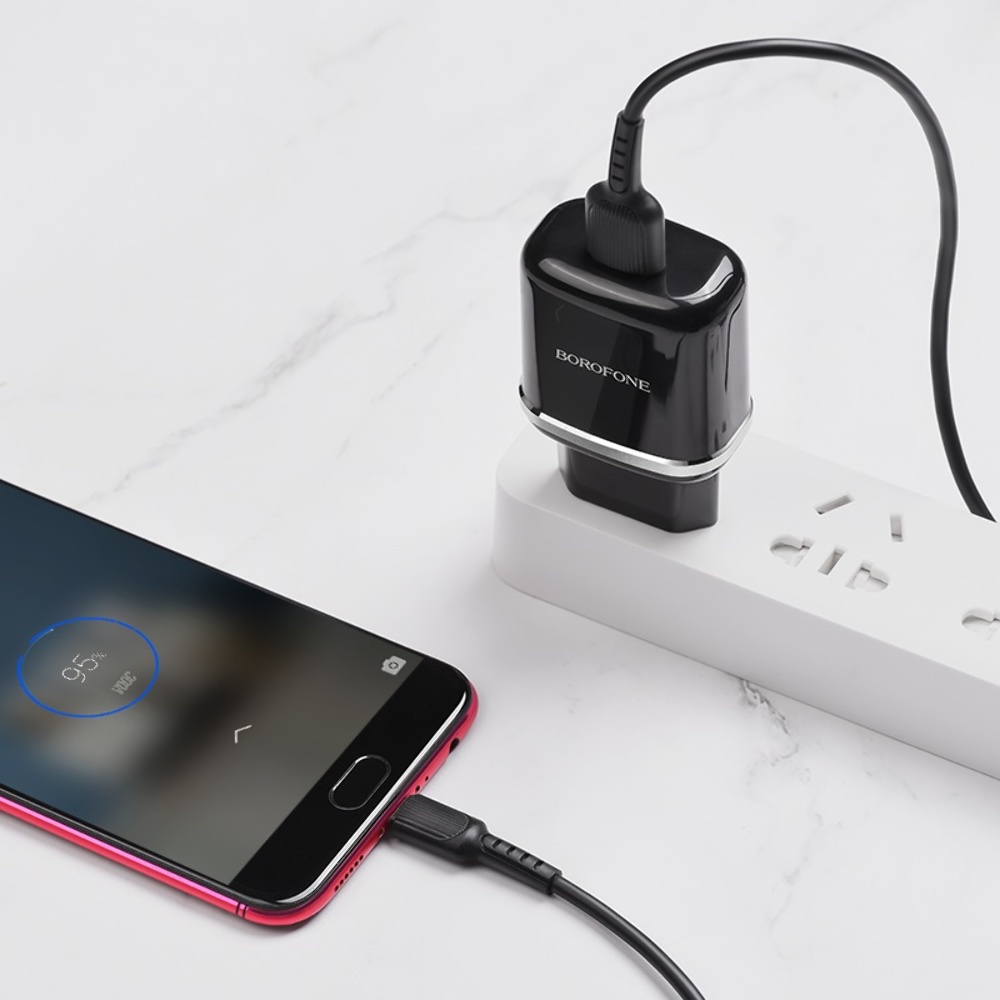 Сетевое зарядное устройство Borofone BA36A USB QC 18W черное + кабель USB to MicroUSB