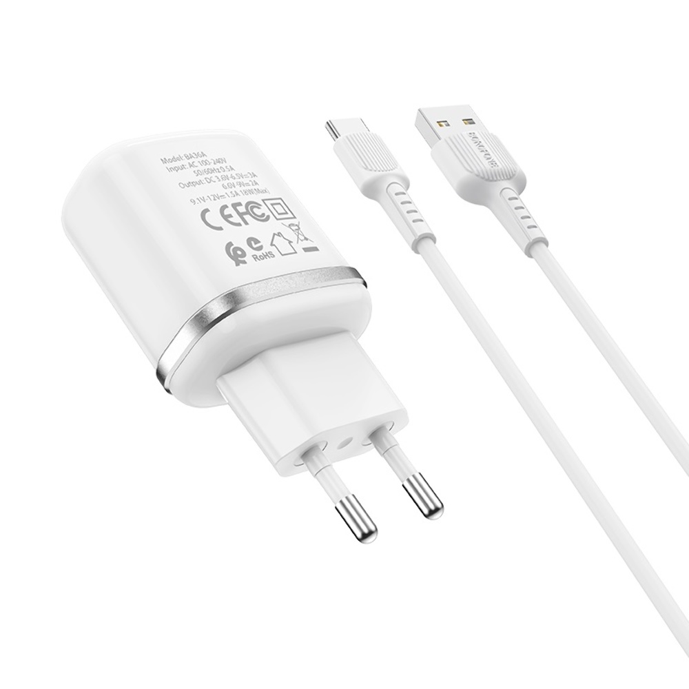 Сетевое зарядное устройство Borofone BA36A USB QC 18W белое + кабель USB to Type-C
