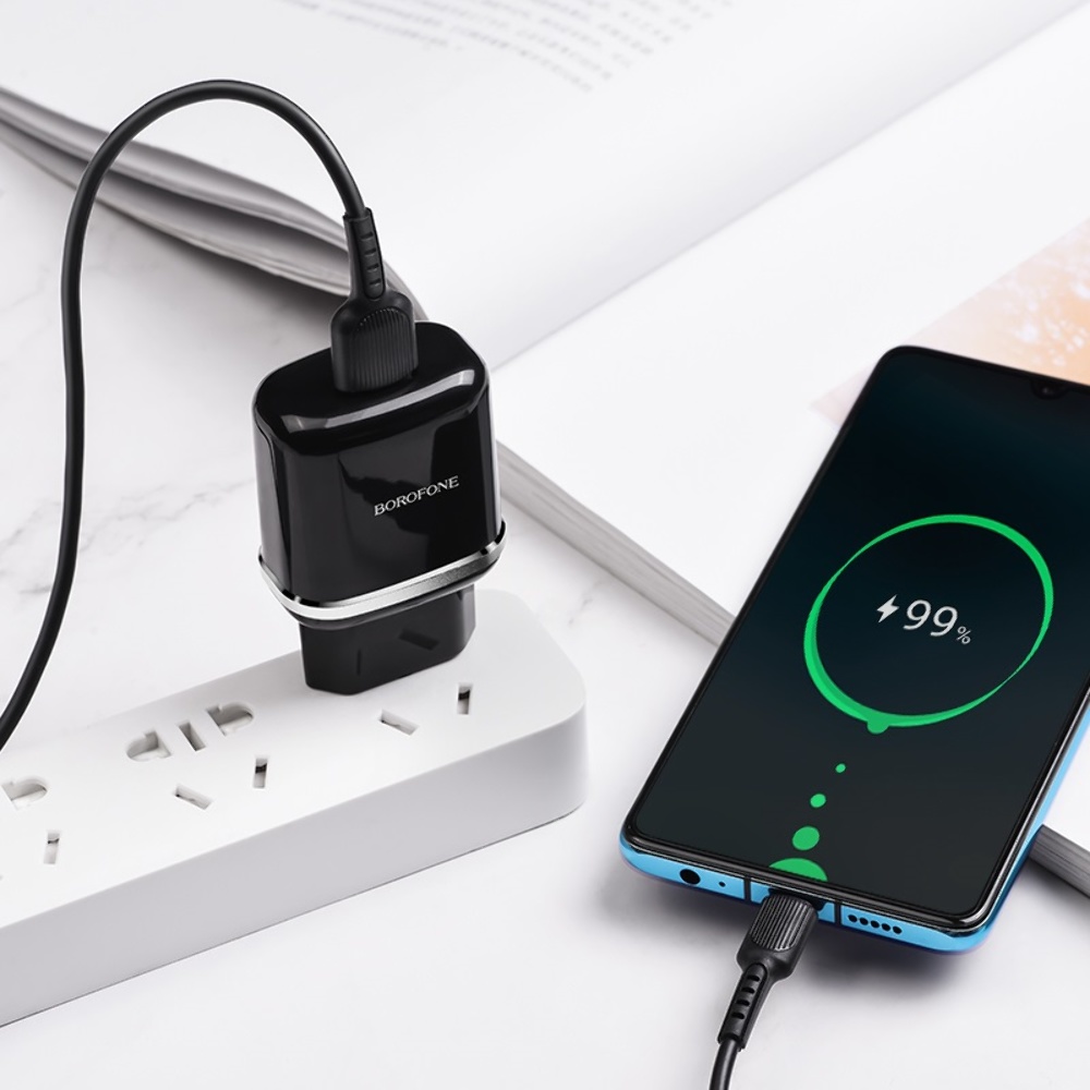 Сетевое зарядное устройство Borofone BA36A USB QC 18W черное + кабель USB to Type-C