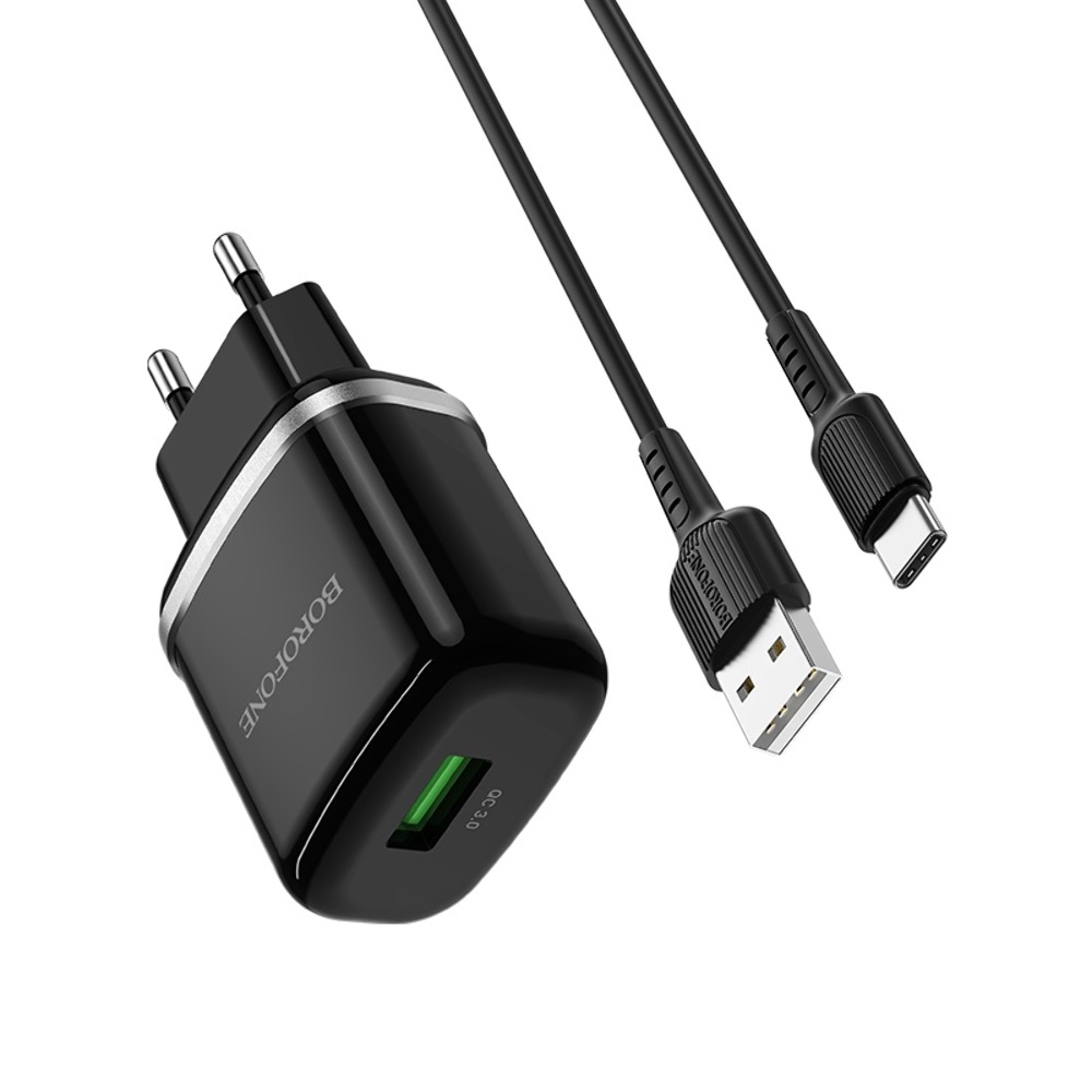 Сетевое зарядное устройство Borofone BA36A USB QC 18W черное + кабель USB to Type-C