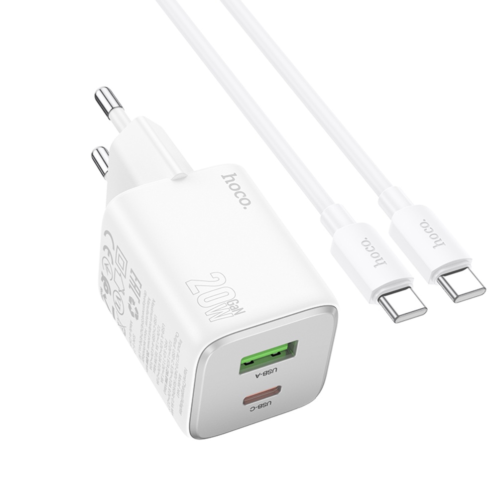 Сетевое зарядное устройство Hoco N41 USB/ Type-C PD QC white + кабель Type-C to Type-C