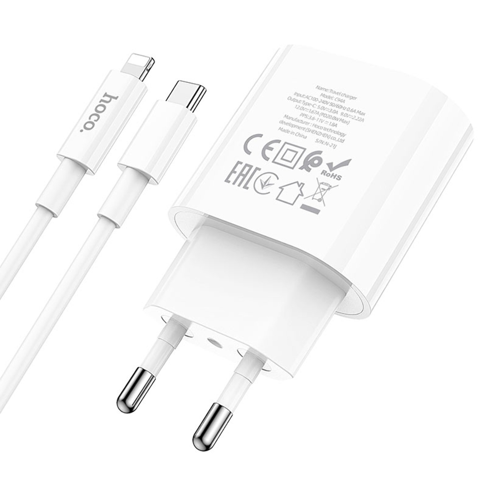 Сетевое зарядное устройство Hoco C94A Type-C PD 20W белое + кабель Type-C to Lightning